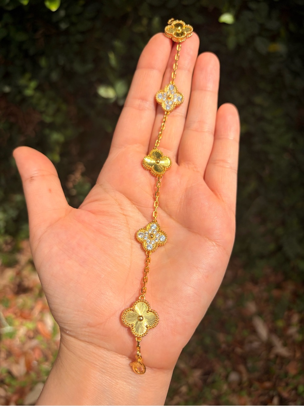 Gold-Tone Floral Clover Link Bracelet with Crystal Accents - Picture 5 of 5